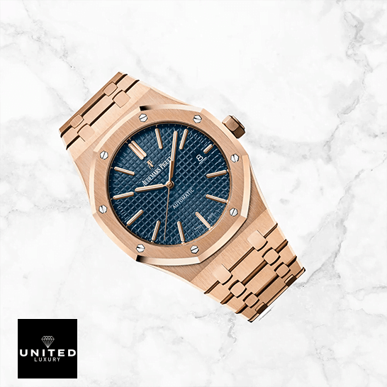 Audemars Piguet Royal Oak 15400OR.OO.1220OR.03 Super Clone Edition Audemars Piguet Royal Oak Pink Gold Blue Dial Replica white ceramic background
