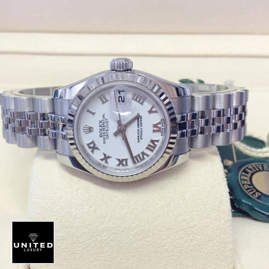Rolex Datejust 179174 White "Roman Numeral Dial" Exact Replica 1:1 rolex datejust 179174 replica tiltedleft Rolex Datejust 179174 White Romen Numerial Dial Replica