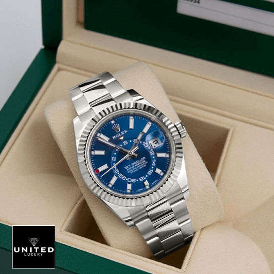 Rolex Sky-Dweller 326934-0003 "Blue Dial" Super Accurate Clone rolex sky dweller 326934 0003 replica right Rolex Sky-Dweller Blue Dial Stainless Steel Fluted Bezel 326934-0003 Oyster Replica