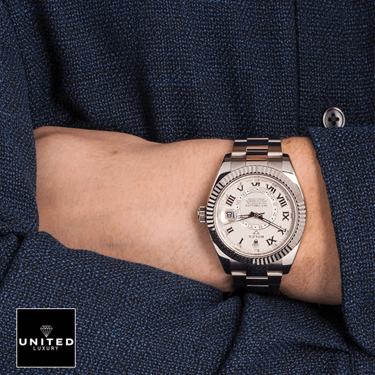 Rolex Sky-Dweller 326939 "White Dial" Near Original Replica rolex sky dweller white dial 326939 oyster Rolex Sky-Dweller White Dial 326939 Oyster Replica on his arm