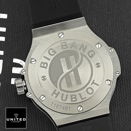 Hublot Big Bang Steel 361.SX.1270.RX.1104 "Diamond Bezel" Ultra Clone 1:1 hublot big bang steel black dial diamond bezel 361 SX 1270 RX 1104 replica back Hublot Big Bang Hublot 1167481 Stainless Steel Case Replica upside view