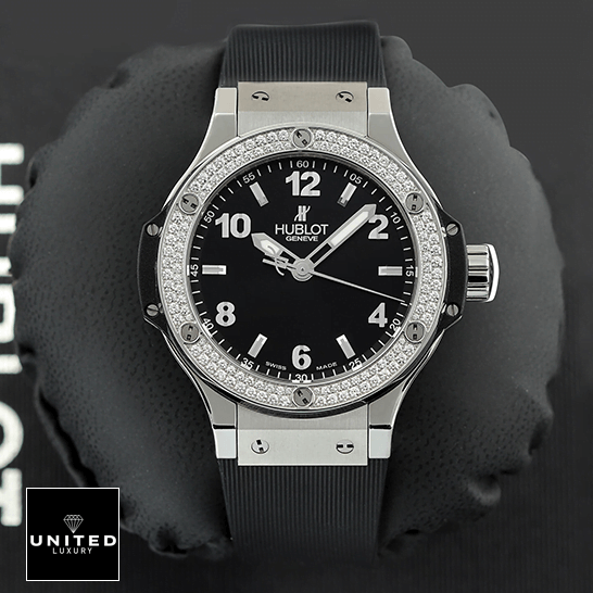 Hublot Big Bang Steel 361.SX.1270.RX.1104 "Diamond Bezel" Ultra Clone 1:1 hublot big bang steel black dial diamond bezel 361 SX 1270 RX 1104 replica front Hublot Big Bang Steel Black Dial Diamond Bezel Replica in the box