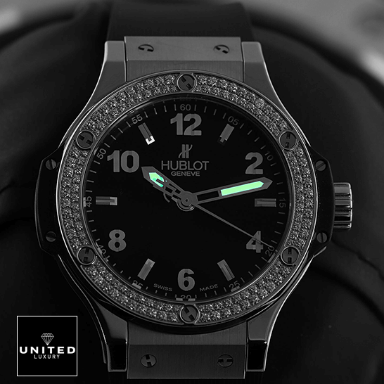 Hublot Big Bang Steel 361.SX.1270.RX.1104 "Diamond Bezel" Ultra Clone 1:1 hublot big bang steel black dial diamond bezel 361 SX 1270 RX 1104 replica front night Hublot 361_SX_1270_RX_1104 Big Bang Steel Black Diial Replica dial phosphor