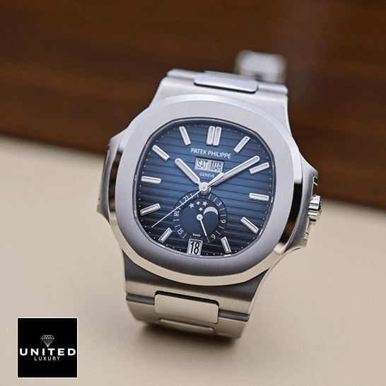 Patek Philippe 5726 High-End Replica 1:1 patekphilippe nautilus5726 1A 014 replica front Patek Philippe Nautilus 5726-1A-014 Blue Dial Steel Case Replica front view