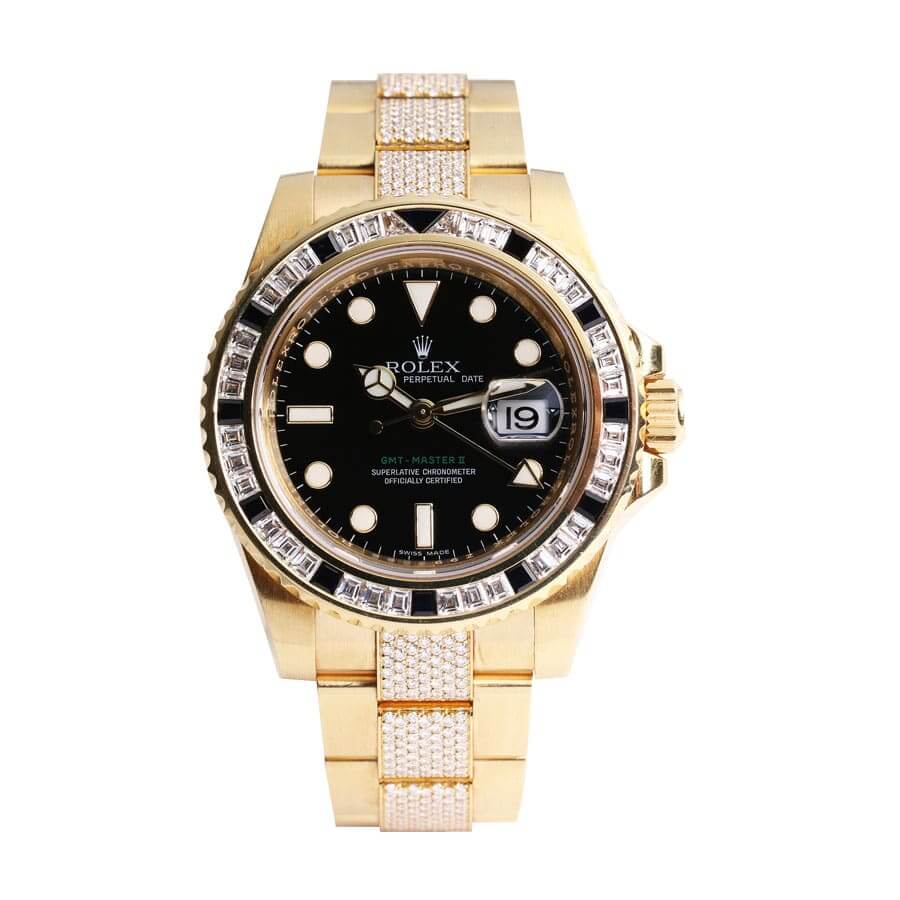 116748SANRyellowblackdial Rolex GMT-Master II 116748SANR "Iced Out" Luxury Clone Quality - Image 1