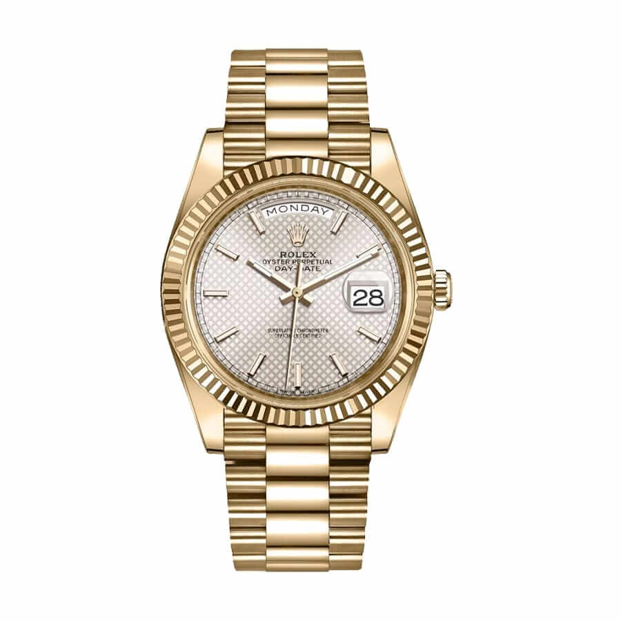 rolex-day-date-228238-n-yellow-gold-silver-diagonal-dial-replica Rolex Day-Date 228238-0004 "Diagonal Silver" Premium Duplicate - Image 1