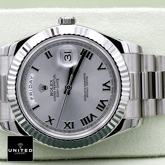 Rolex Day-Date 218239-0041 "White Roman Dial" First-Class Clone rolex day date218239 0041 replica tiltedleft rolex-day-date218239-0041-replica-tiltedleft