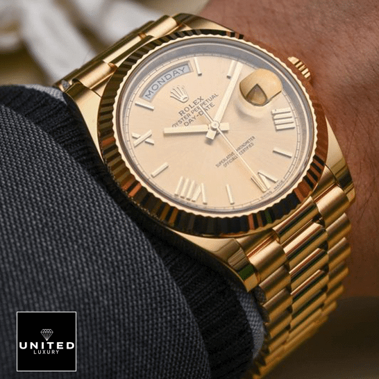 Rolex Day-Date 228238-0007 "President" Swiss Super Clone rolex daydate 228238 0007 replica hand Rolex Day-Date II 228238-0007 Yellow Gold Romen Numerial Dial Replica on is arm