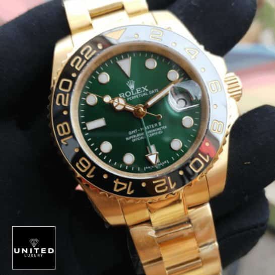 Rolex GMT-Master II 11678LN Premium Copy 1:1 rolex gmt green dial replica1 Rolex GMT Green Dial Replica Gold Bracelet