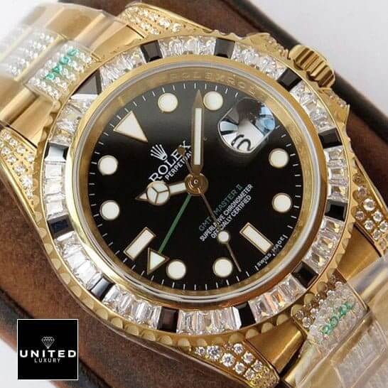 Rolex GMT-Master II 116748SANR "Iced Out" Luxury Clone Quality rolex gmt master gold replica5 Rolex GMT-Master II 116748SANR Yellow Gold Black Dial Gem-Set Bezel Replica