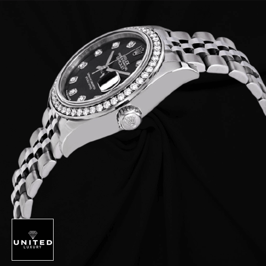 Rolex Datejust 116234 "Black Dial" Premium Clone rolex datejust 279384RBR white gold automatic dark grey diamond dial jubilee replica right Rolex Datejust 279384RBR White Gold Jubilee Diamond Bezel Replica black background