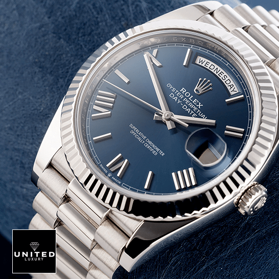Rolex Day-Date 228239-0002 "Blue Dial" Elite Clone Edition rolex day date 40 228239 ew stainless man man Rolex Day-Date 40 228239 Fluted Bezel Replica Blue Backround