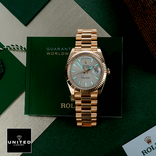 Rolex Day-Date 228238-0004 "Diagonal Silver" Premium Duplicate Rolex Day-Date 228238 rReplica Luminous Dial & Guarantee Card
