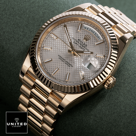 Rolex Day-Date 228238-0004 "Diagonal Silver" Premium Duplicate Rolex Day-Date 228238 Oyster Bracelet & Gold Crown Pusher