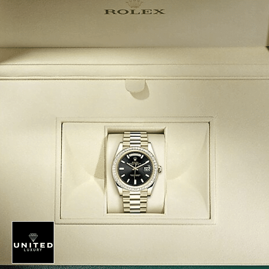 Rolex Day-Date 228398TBR "Black Dial" Replica rolex day date 228398TBR 0001 KW yellow gold diamonds black dial oyster replica front two 1 Rolex Day-Date 40 228238-0007 Replica in the Rolex Box