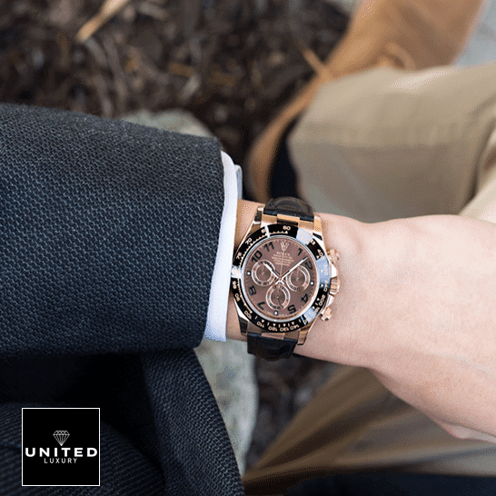 Rolex Cosmograph Daytona 116515LNBR Precision Clone rolex daytona cosmograph 116515LNBR rose gold black dial Rolex Daytona Cosmograph 116515LNBR Black Leather Bracelet Replica on is arm