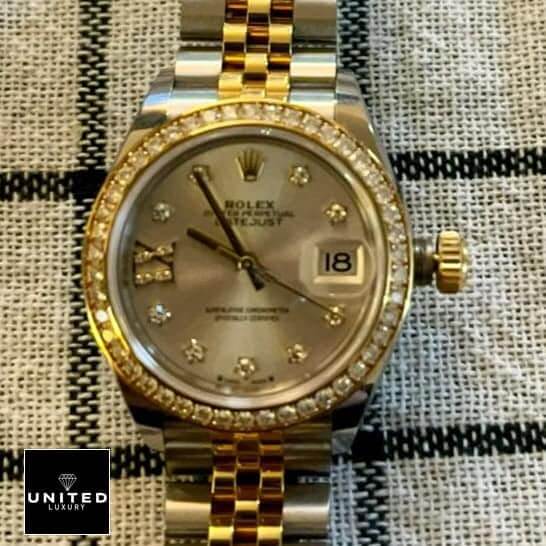 Rolex Lady-Datejust 279383RBR Champagne Diamond Master Clone Quality 1 9 Rolex Datejust 279383RBR-0003 Champagne & Diamond Dial Jubilee Replica on the table
