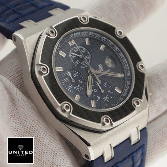 Audemars Piguet Royal Oak Offshore 26030PO.OO.D021IN.01 "Juan Pablo Montoya" Luxury Clone Quality audemars piguet royal oak offshore 26030PO.OO .D021IN.01 replica bezel Audemars Piguet 26030PO.OO_.D021IN.01 Royal Oak Blue Dial Replica on the hand