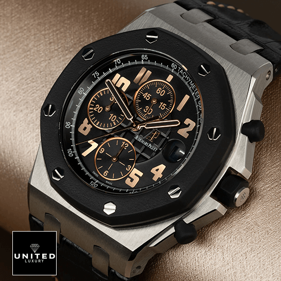 Audemars Piguet Super Clone "New York" 26298SK.OO.D101CR.01 Ultra Realistic Replica audemars piguet royal oak offshore 26298SK.OO .D101CR.01 replica tiltedright Audemars Piguet 26298SK.OO_.D101CR.01 Black Dial Replica rose gold background