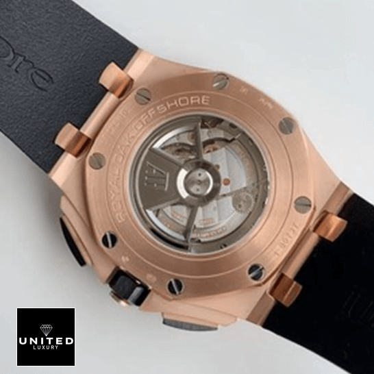 Audemars Piguet Royal Oak Offshore 26401RO.OO.A002CA.01 Premium Duplicate audemars piguet royal oak offshore novelty chronograph 26401RO.OO .A002CA man left Audemars Piguet Royal Oak Gold Case Black Rubber Bracelet Replica white background
