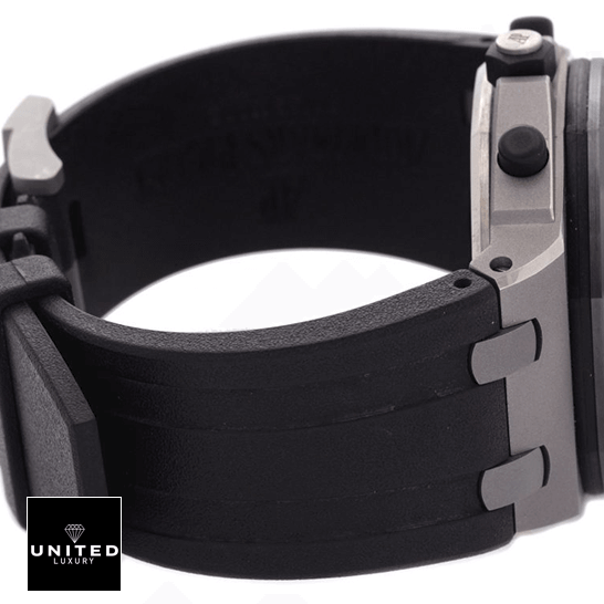Audemars Piguet Royal Oak Offshore 26207IO.OO.A002CA.01 "Sebastien Buemi" Mirror Clone Quality audemarspiguet royaloakoffshore 26207IO.OO replica bracelet Audemars Piguet Royal Oak Black Rubber Bracelet Replica side view white background