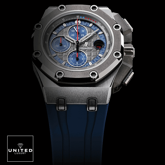 Audemars Piguet Royal Oak Offshore 26568PM.OO.A021CA.01 "Michael Schumacher" 1:1 Clone Edition audemarspiguet royaloakoffshore 26568PM.OO .A021CA.01 replica bracelet Audemars Piguet Royal Oak Blue Rubber Bracelet Replica front view black background