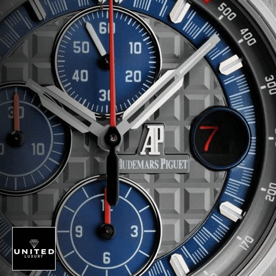 Audemars Piguet Royal Oak Offshore 26568PM.OO.A021CA.01 "Michael Schumacher" 1:1 Clone Edition audemarspiguet royaloakoffshore 26568PM.OO .A021CA.01 replica hands Audemars Pişguyet Grey Blue Dial Replica close analog view