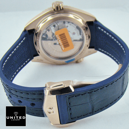 Omega Seamaster Planet Ocean Steel 215.63.44.21.03.001 Premium Replica 1:1 omega seamaster planet ocean steel 215.63.44.21.03 back Omega Seamaster Planet Ocean Steel Leather Blue Bracelet Replica upside view