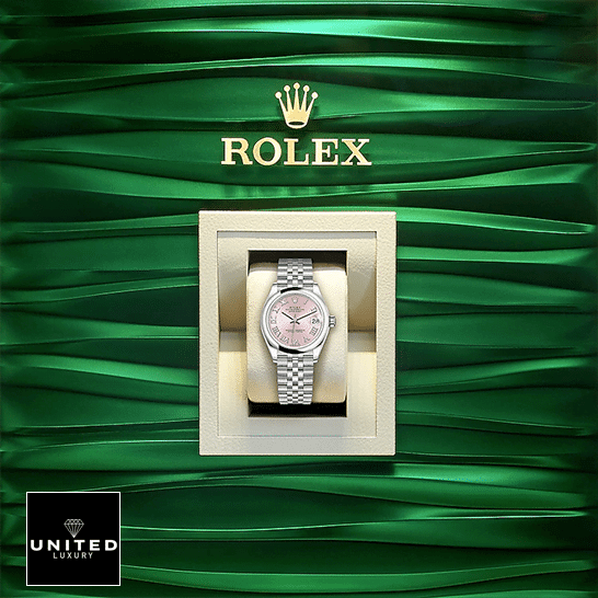 Rolex Datejust 279160 Pink Roman Dial Near Original Replica Rolex Lady-Datejust 279160-0013 Replica Green Wave Background
