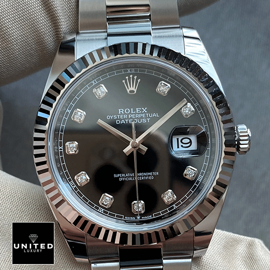 Rolex Lady-Datejust 279174 White Gold Fluted Bezel Precision Replica Edition Rolex Datejust Diamond Black Dial Replica on hand