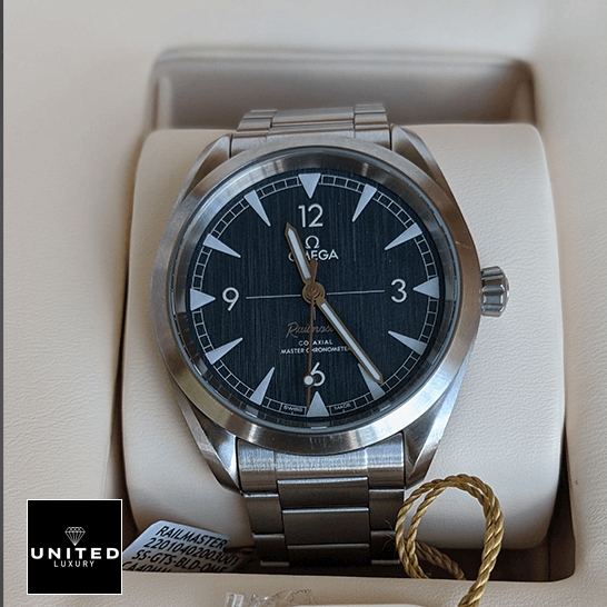 Omega Railmaster Co-Axial Master Steel 220.10.40.20.03.001 Collector’s Clone 1:1 omega seamaster 220.10.40.20.03.001 replica front Omega 220.10.40.20.03.001 Railmaster Blue Dial Replica in the white box