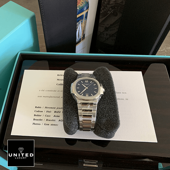 Patek Philippe Nautilus 7118/1A Ladies Perfect Duplicate 1:1 patekphilippe nautilus 71181A 001 replica front Patek Philippe Nautilus 71181A-001 Blue Dial Replica in the box