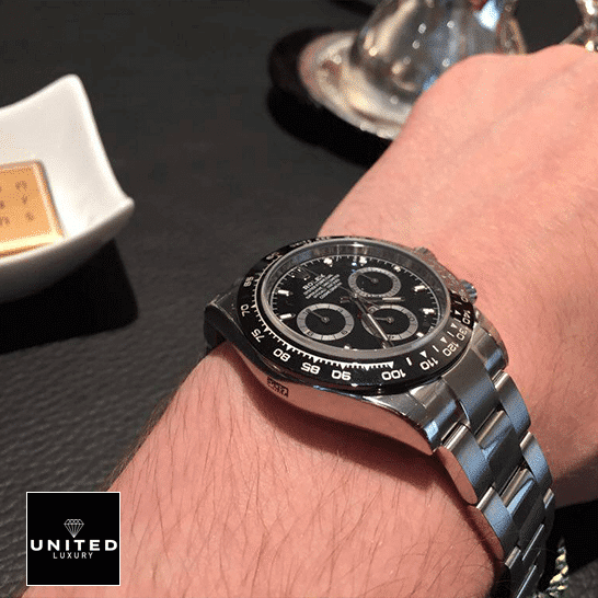Rolex Daytona 116500LN "Panda Dial" True Clone 1:1 rolex daytona 116500LN stainless steel black dial oyster replica man unitedluxurynet 1 Rolex Daytona 116500ln-0002 Stainless Steel Oyster Replica on his arm