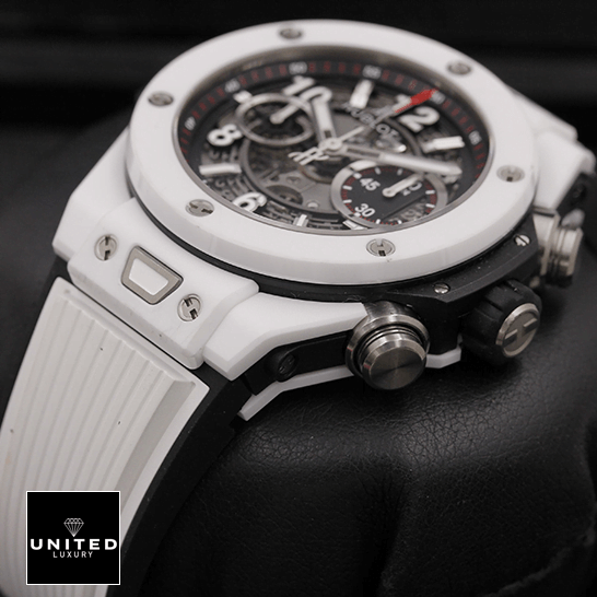 Hublot Big Bang Unico "Skeleton" 411.JX.4802.RT.1904 Top Tier Replica Edition hublot 411.HX .1170 Hublot Big Bang Black Dial White Rubber Bracelet Replica on the black stand