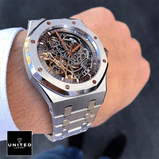 AP Royal Oak "Skeleton" Openworked 15407ST.OO.1220ST.01 Perfect Duplicate Edition Audemars Piguet Stainless Steel Case and Bracelet Skeleton Dial Replica on the wrist