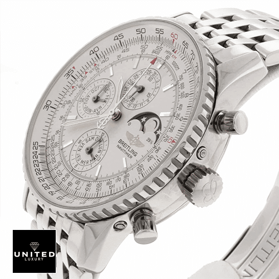 Breitling Navitimer "Olympus" A19340 Precision Clone breitling navitimer olympus a19340 white dial replica left Breitling Navitimer Olympus A19340 White Dial Replica crown / push button