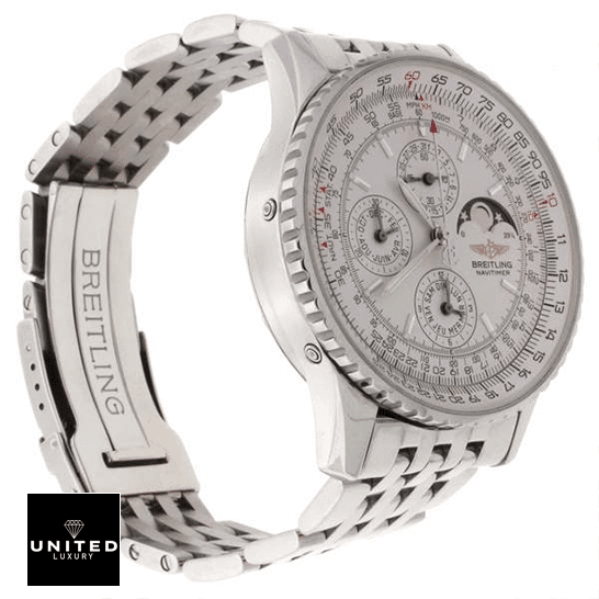Breitling Navitimer "Olympus" A19340 Precision Clone breitling navitimer olympus a19340 white dial replica right Breitling Navitimer Olmpus White Dial Replica side view white background
