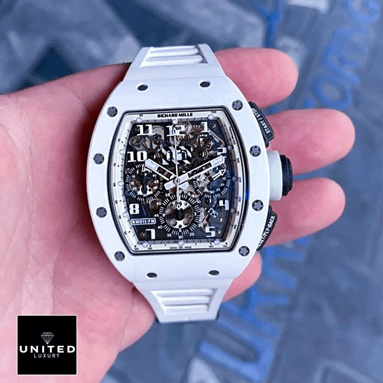 Richard Mille RM 011 "White Ghost" Chronograph Precision Replica Edition richard mille RM011 FM replica front Richard Mille RM011FM White Bezel and Bracelet Replica front view on the hand