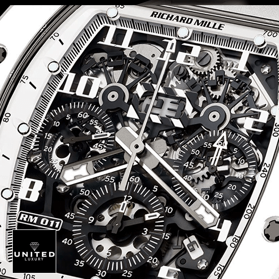 Richard Mille RM 011 "White Ghost" Chronograph Precision Replica Edition richard mille RM011 FM replica numbers Richard Mille RM011 FM Black Dial Replica close analog view