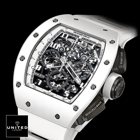 Richard Mille RM 011 "White Ghost" Chronograph Precision Replica Edition richard mille RM011 FM replica tiltedright Richard Mille RM011 White Bezel Rubber Bracelet Replica black background