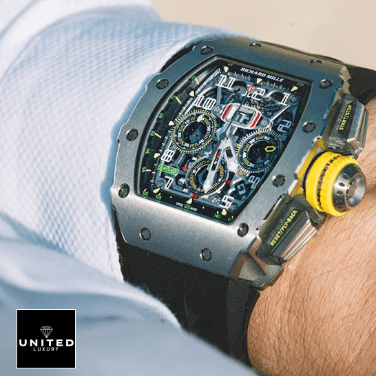 Richard Mille RM 011-03 Titanium Chronograph Top Grade Clone 1:1 richard mille rm 011 03 titane flyback hand Richard Mille RM01103 Titane Flyback Hand Replica on the man wrist