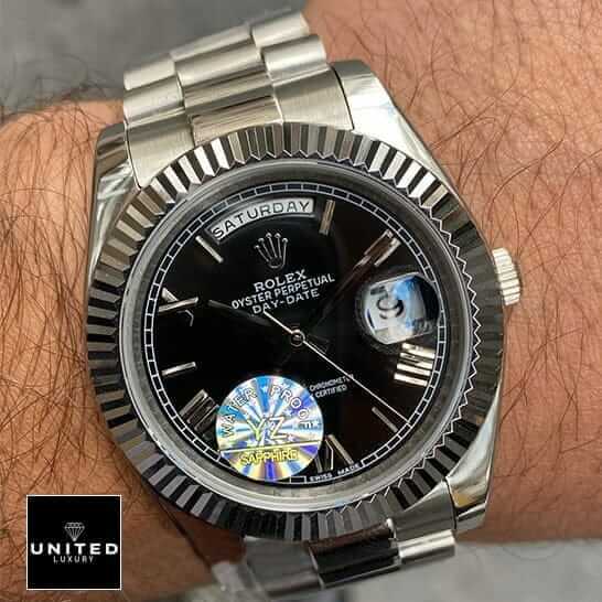 Rolex Day-Date "Presidential" 218239 Detailed Replica rolex presidential replica Rolex Day Date II Presidential Black Roman Dial 218239 Jubilee Replica