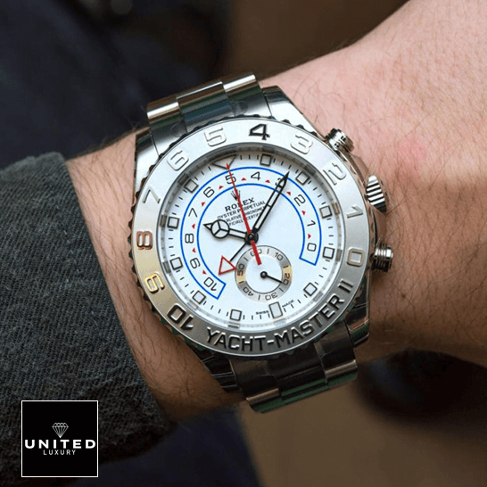 Rolex Yacht-Master II 116689 White Gold 1:1 Master Replica rolex yacht master 116689 0001 replica hand Rolex 116689-0001 White Dial Yacht Master Replica on the wrist