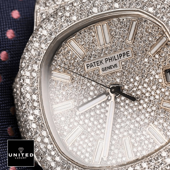 Patek Philippe Nautilus "Iced Out" 5719/10G Authentic Copy 1:1 patek philippe nautilus jumbo white dial 5719 10G 010 iced out replica front patek_philippe_nautilus_jumbo_white_dial_5719_10G_010_iced_out_replica_front