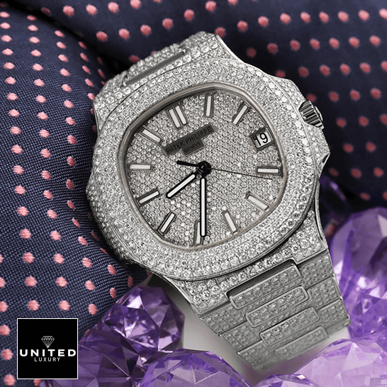Patek Philippe Nautilus "Iced Out" 5719/10G Authentic Copy 1:1 patek philippe nautilus jumbo white dial 5719 10G 010 iced out replica front three Patek Philippe Nautilus "Iced Out" 5719/10G Authentic Copy 1:1 patek philippe nautilus jumbo white dial 5719 10G 010 iced out replica front three