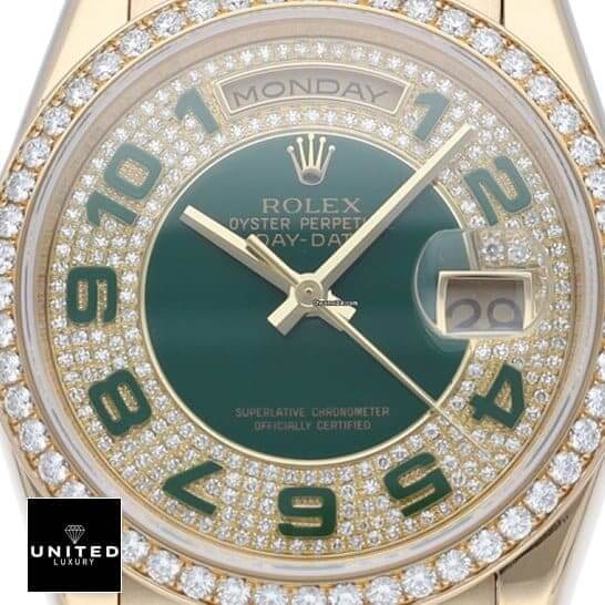 Rolex Day-Date 118348 "Iced Out" Deluxe Clone 1:1 aa 2 Rolex Datejust 118348 Replica dial is green with Diamond and Arabic numerals