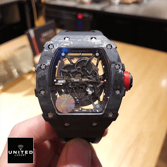 Richard Mille RM 35-02 "Rafael Nadal" Ultra Luxury Clone richard mille rM35 Richard Mille RM3502 Carbon Skeleton Dial Replica on the hand