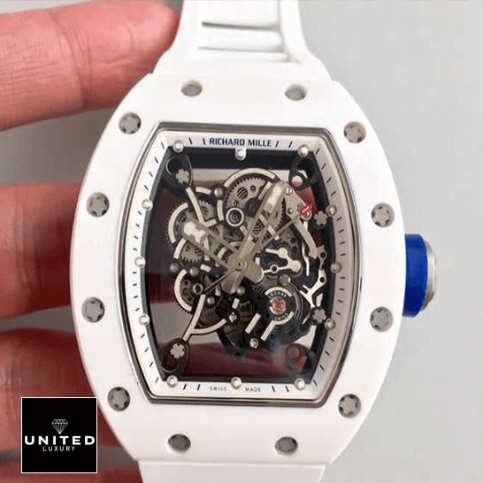 Richard Mille RM 055 "Bubba Watson" Elite Super Clone Richard Mille RM55 White Ceramic Black Dial Replica blue crown / push button