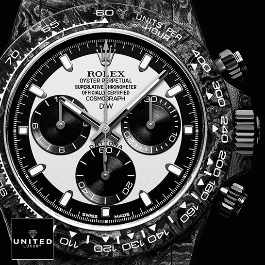 Rolex Cosmograph Daytona "Carbon Case" 4130CR Clone Ultra Realistic Copy rolex daytona carbon cosmograph cream dial 4130cr replica man dial Rolex Daytona Carbon Cream Dial Replica Black Background