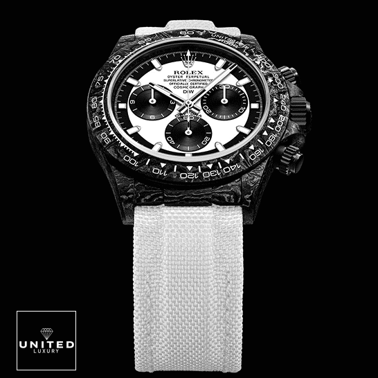 Rolex Cosmograph Daytona "Carbon Case" 4130CR Clone Ultra Realistic Copy Rolex Daytona Carbon Cream Textile Bracelet 4130cr Replica Black Background